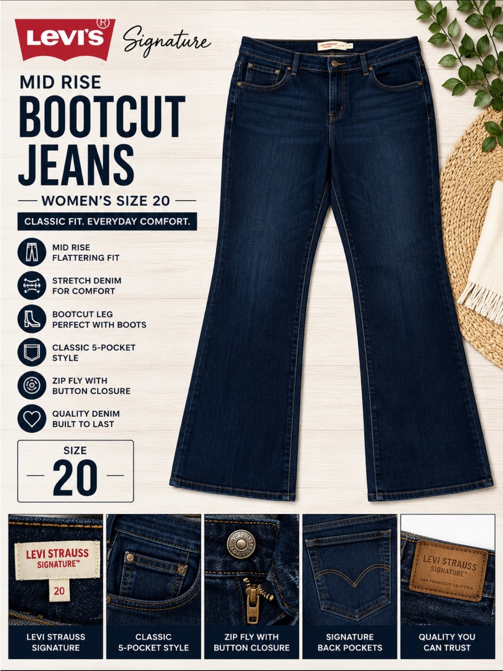 Signature Women's Mid Rise Bootcut Jeans - Dark Indigo